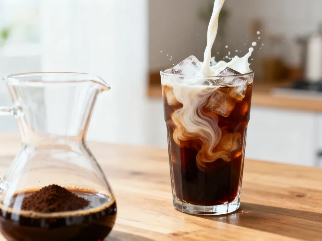Szklanka cold brew z lodem i mlekiem oraz karafka z kawą na drewnianym stole w słonecznej kuchni.