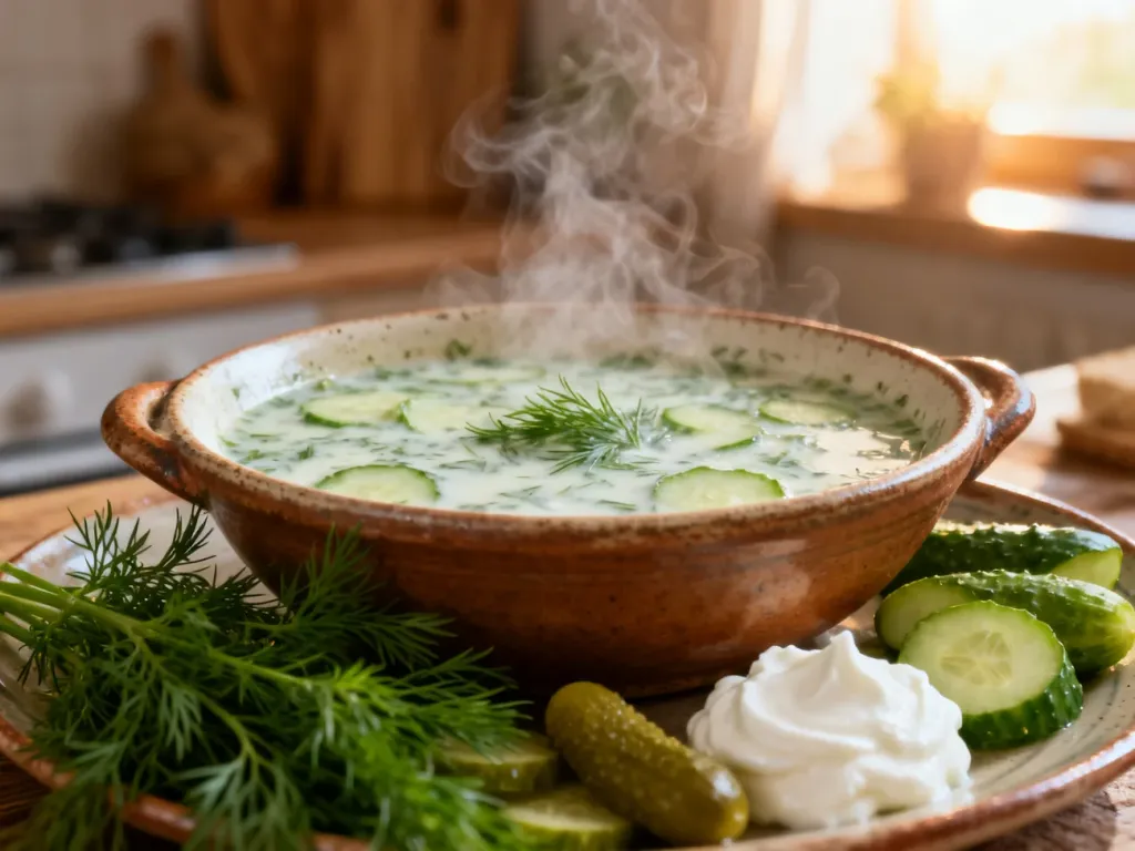 Parująca zupa ogórkowa w rustykalnej misce, podana z koperkiem, ogórkami i kleksem śmietany w przytulnej kuchni.