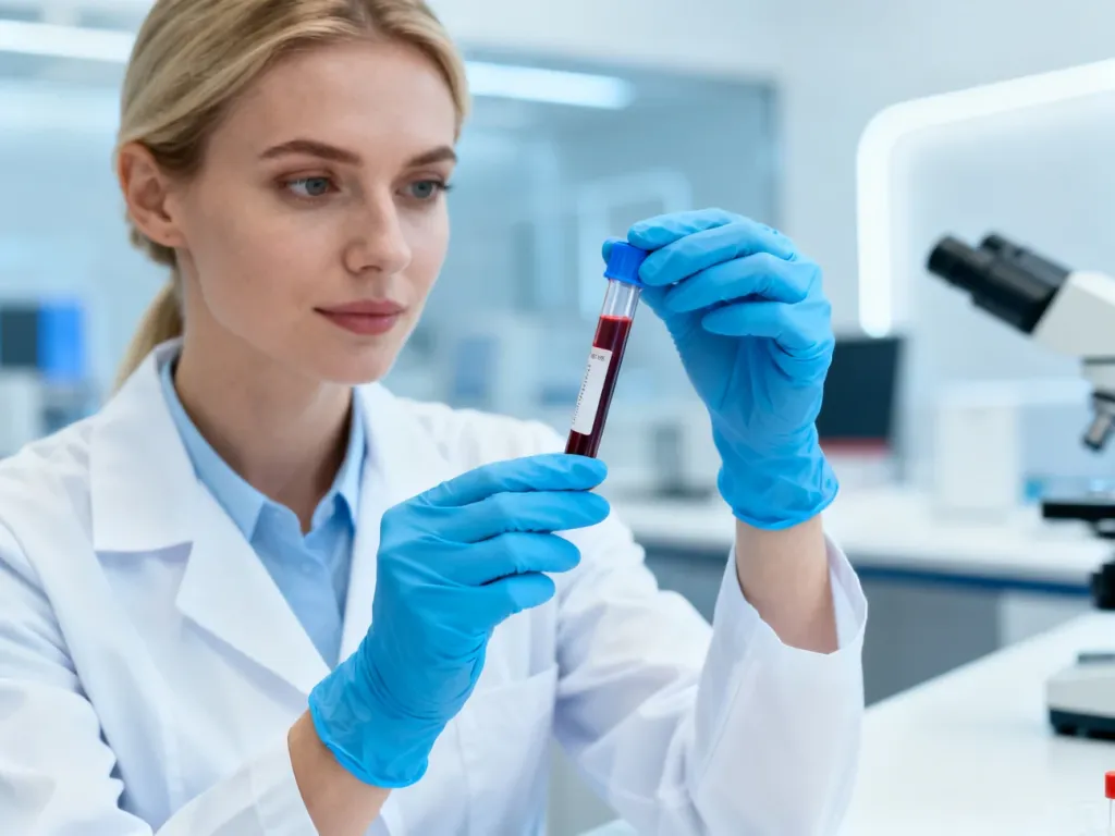 Laborantka w białym fartuchu i rękawiczkach trzyma probówkę z próbką krwi w profesjonalnym laboratorium diagnostycznym.