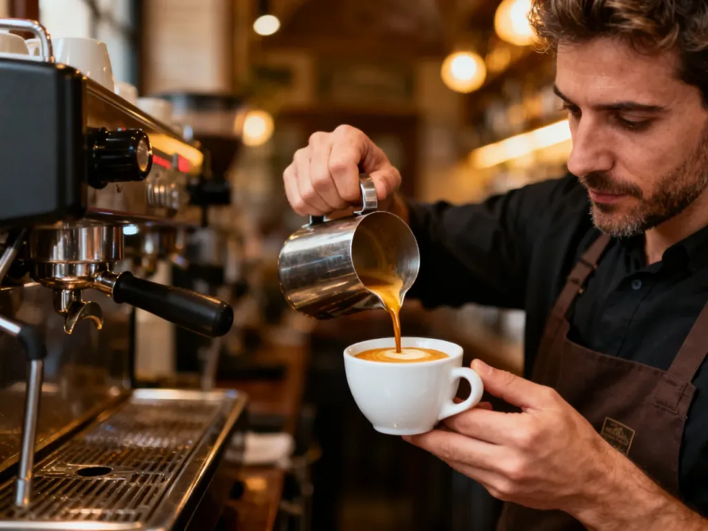 Barista wlewa podwójne espresso do białej filiżanki, eksponując gęstą, złotobrązową cremę kawy.