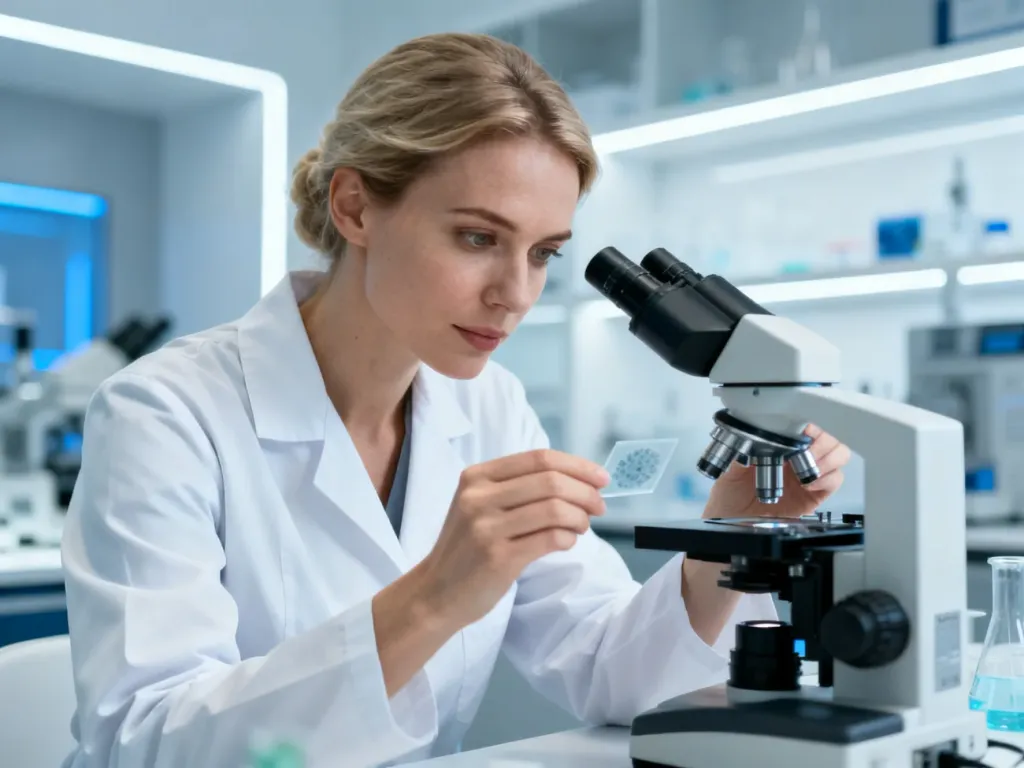 Laborantka w białym fartuchu analizuje próbkę pod mikroskopem w nowoczesnym laboratorium medycznym.