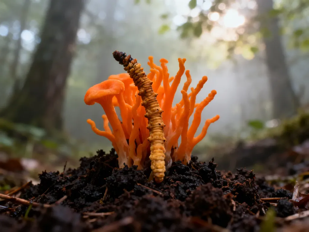 Świeże grzyby Cordyceps wyrastające z organicznego podłoża w leśnym otoczeniu.