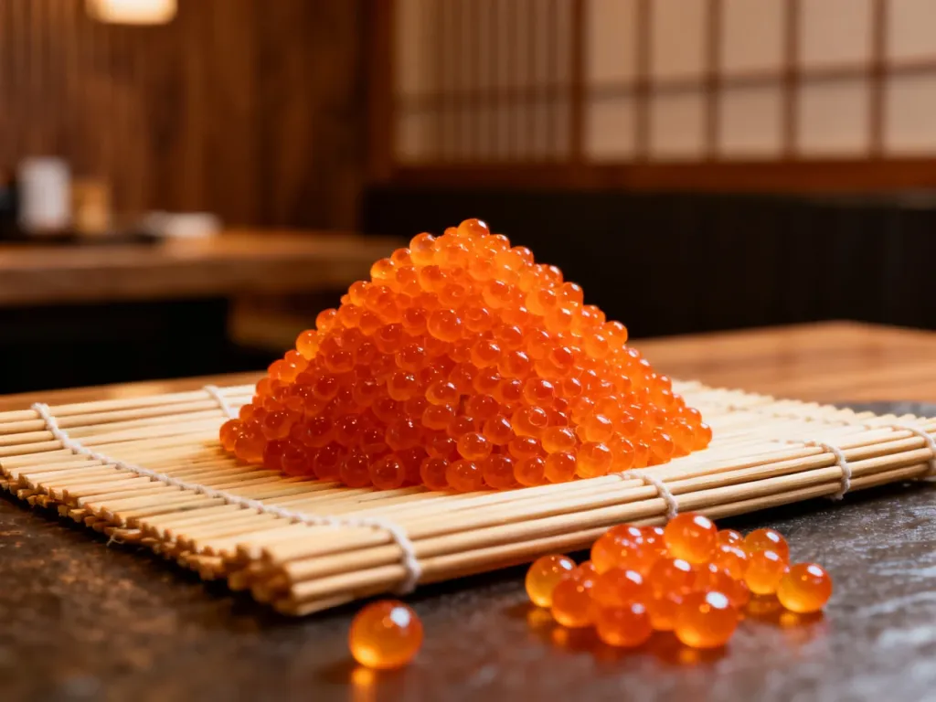 Pomarańczowa ikra tobiko ułożona na bambusowej macie do sushi w japońskiej restauracji.
