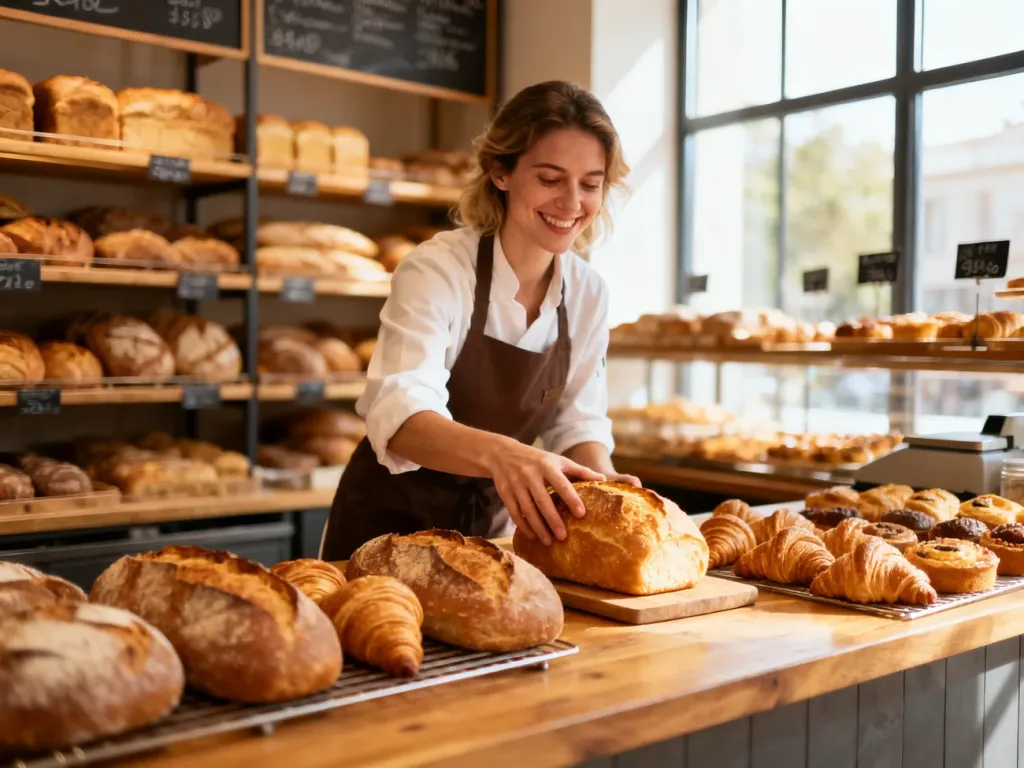 Uśmiechnięta piekarka układa świeże chleby i croissanty na drewnianym blacie w przytulnej, rzemieślniczej piekarni, no text on the picture