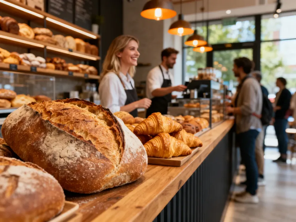 Świeże bochenki chleba i złote croissanty w przytulnej piekarni, zachęcające do wyboru idealnego wypieku; no text on the picture